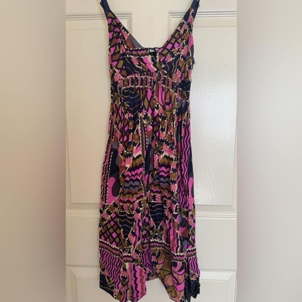 Y2K Planet Gold Boho Mini Dress S Pink Blue Geometric Babydoll Festival